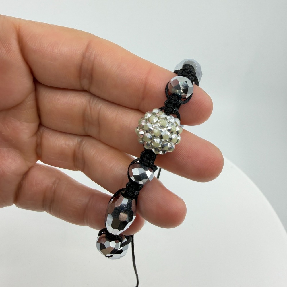 Shimmering Black Disco Ball Bracelet Adjustable Cord Boho Statement Stackable